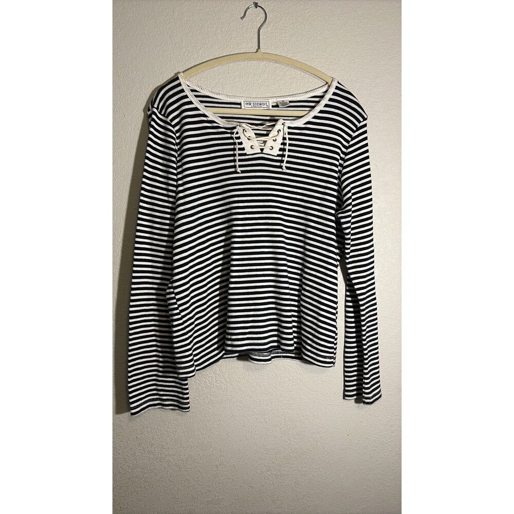 Erik Stewart Stretch Striped Lace-Up Ribbed Top XL